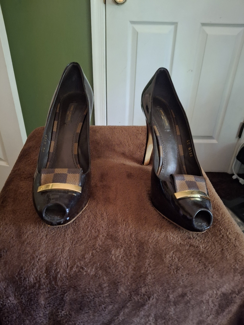 Louis Vuitton Brown Patent Peep-Toe Heels with Brown Damier Strap and Gold Bar